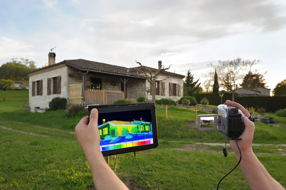 Extérieur résidentiel avec opérateur effectuant diagnostic thermique d'une maison individuelle en pierre